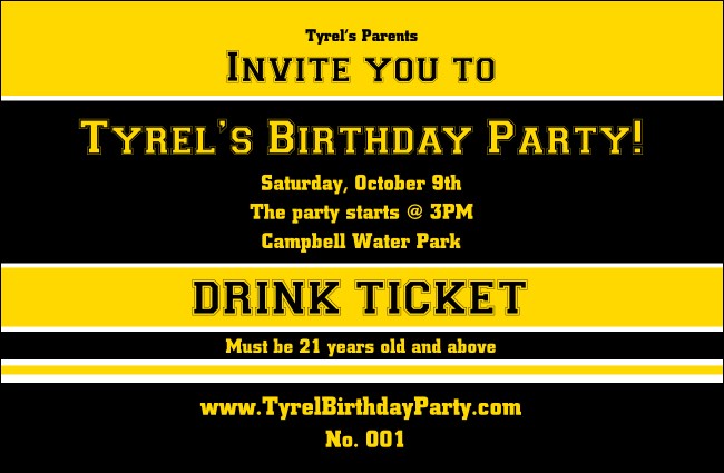 Sports Ticket Black & Yellow Drink Ticket Product Front