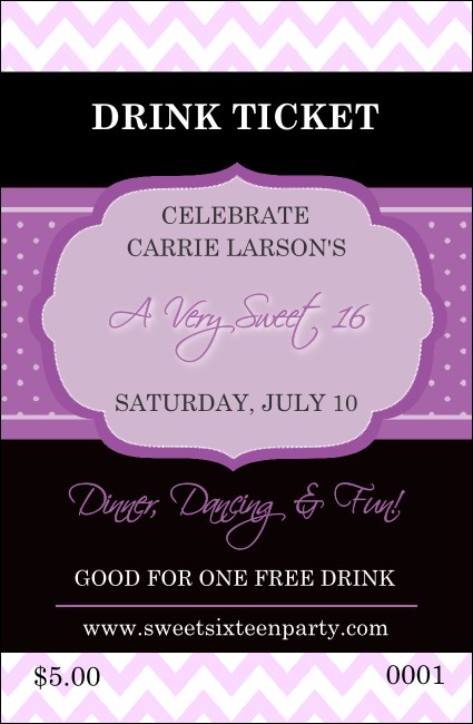 Sweet Sixteen Purple Chevron Drink Ticket Product Front